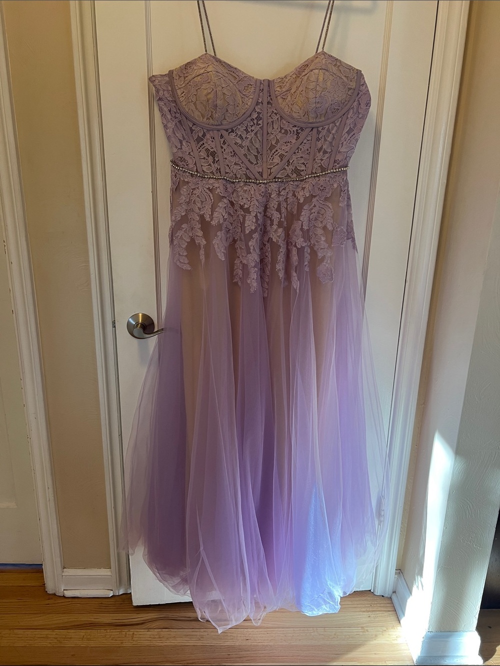 Strapless Lavender Lace Appliqué Tulle Gown